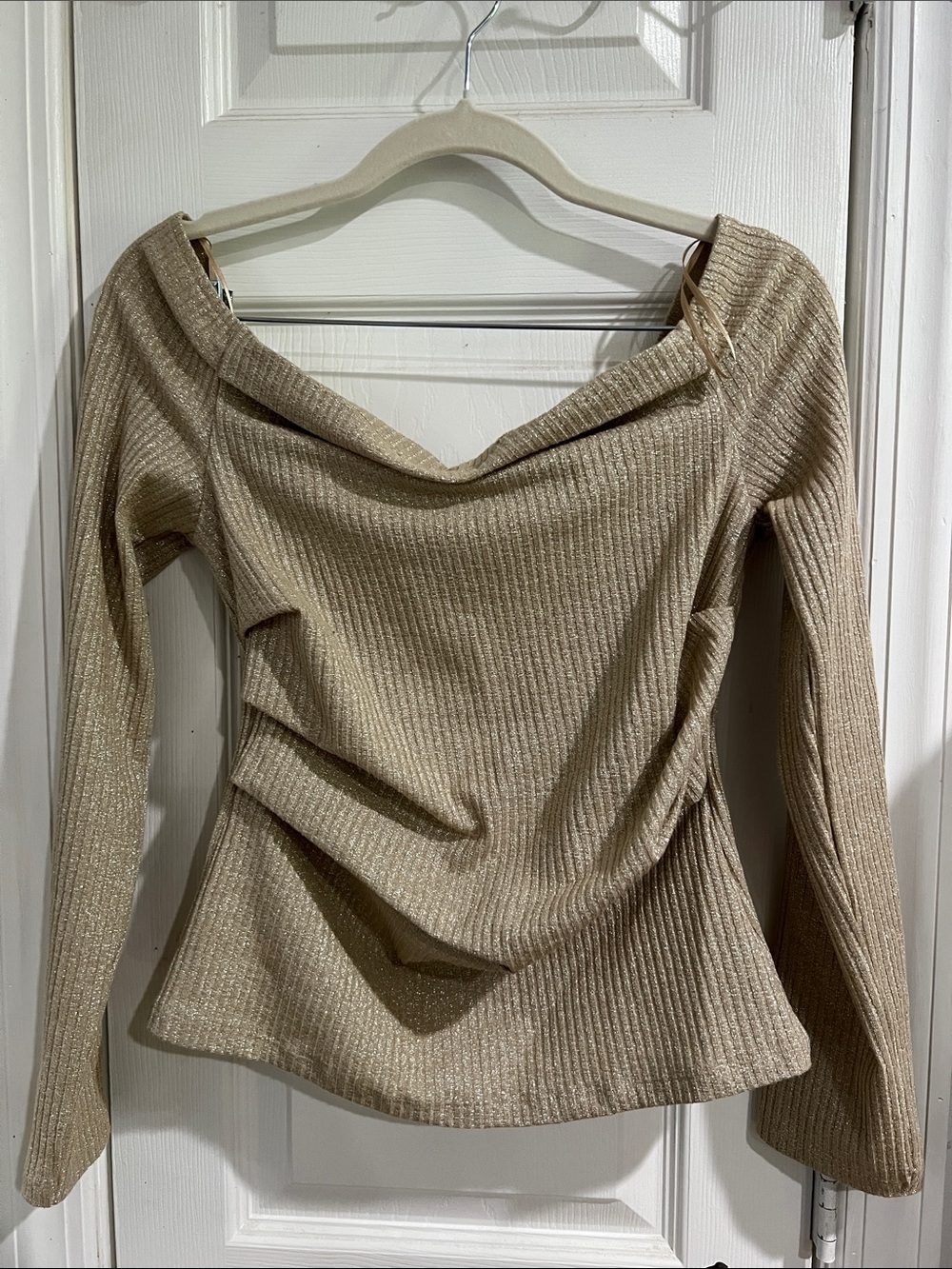 Zara Metallic Ribbed Off-Shoulder Top in Beige Gold